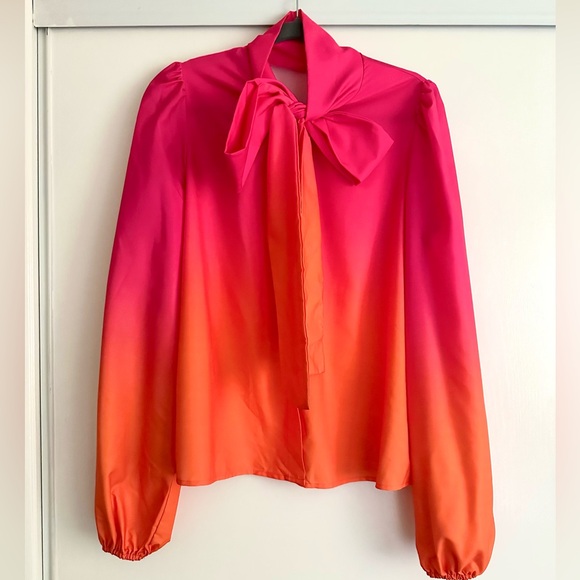 SHEIN Tops - Women’s Sz L Pink/Orange Ombre Tie Neck Lantern Sleeve Blouse